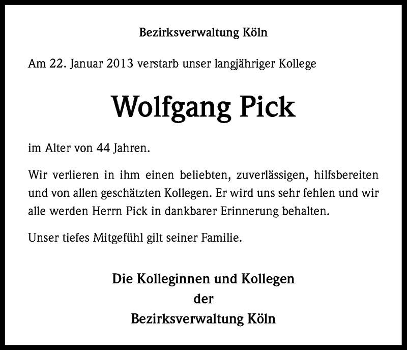  Traueranzeige für Wolfgang Pick vom 02.02.2013 aus Kölner Stadt-Anzeiger / Kölnische Rundschau / Express