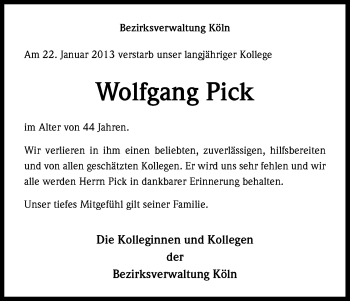 Anzeige von Wolfgang Pick von Kölner Stadt-Anzeiger / Kölnische Rundschau / Express