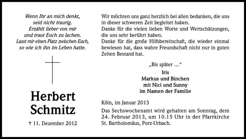  Traueranzeige für Herbert Schmitz vom 02.02.2013 aus Kölner Stadt-Anzeiger / Kölnische Rundschau / Express