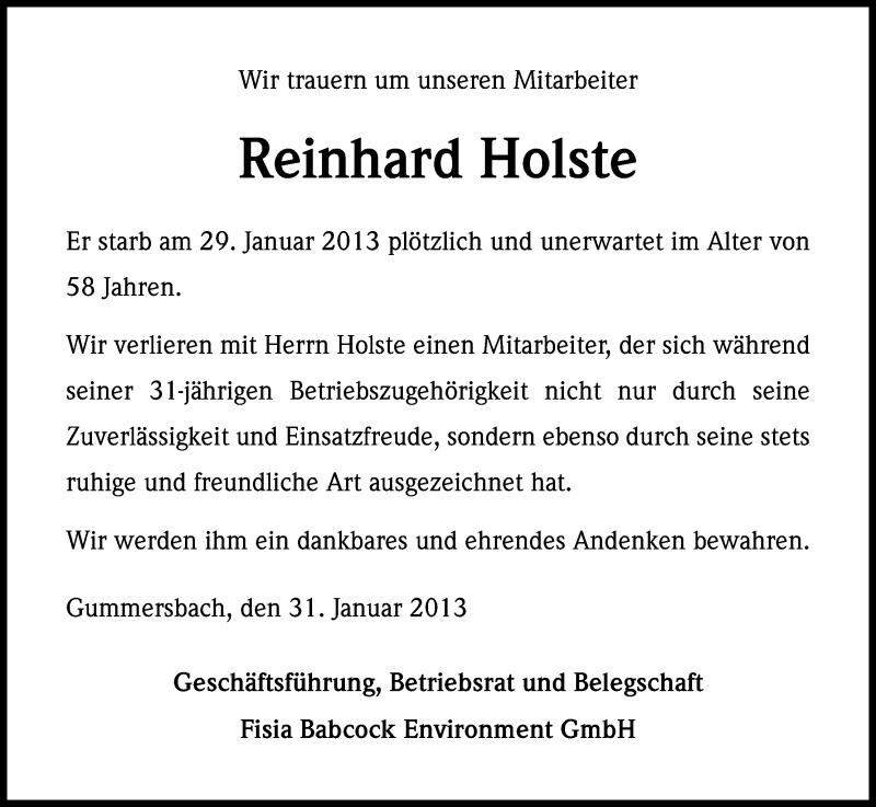  Traueranzeige für Reinhard Holste vom 02.02.2013 aus Kölner Stadt-Anzeiger / Kölnische Rundschau / Express
