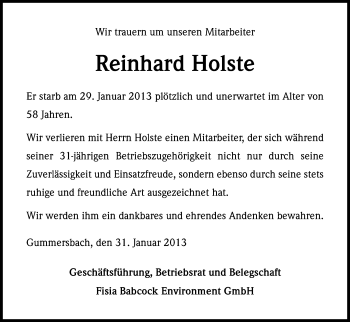 Anzeige von Reinhard Holste von Kölner Stadt-Anzeiger / Kölnische Rundschau / Express