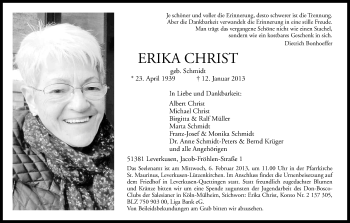 Anzeige von Erika Christ von Kölner Stadt-Anzeiger / Kölnische Rundschau / Express