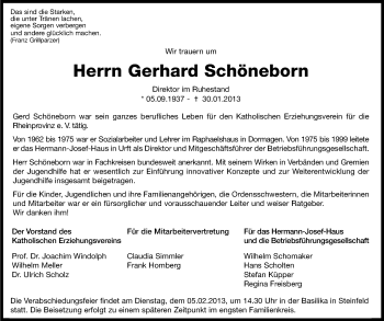 Anzeige von Gerhard Schöneborn von Kölner Stadt-Anzeiger / Kölnische Rundschau / Express