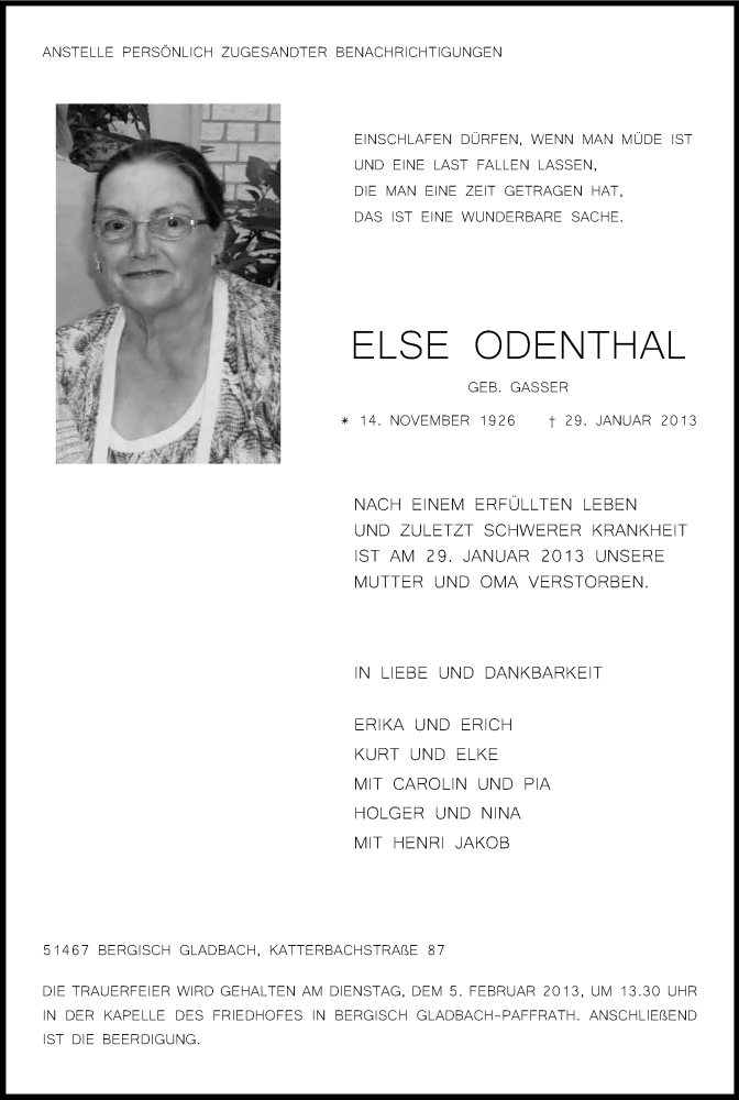  Traueranzeige für Else Odenthal vom 02.02.2013 aus Kölner Stadt-Anzeiger / Kölnische Rundschau / Express