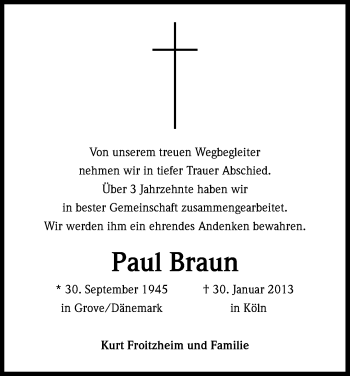 Anzeige von Paul Braun von Kölner Stadt-Anzeiger / Kölnische Rundschau / Express