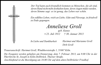 Anzeige von Anneliese Groll von Kölner Stadt-Anzeiger / Kölnische Rundschau / Express