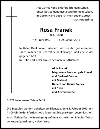 Anzeige von Rosa Franek von Kölner Stadt-Anzeiger / Kölnische Rundschau / Express