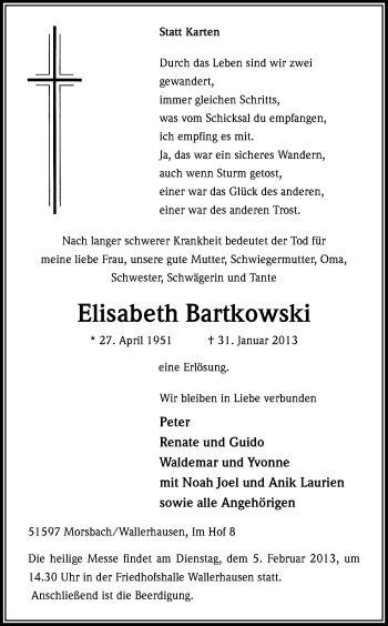 Anzeige von Elisabeth Bartkowski von Kölner Stadt-Anzeiger / Kölnische Rundschau / Express