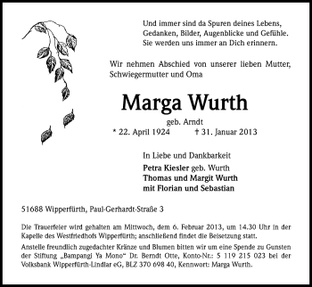 Anzeige von Marga Wurth von Kölner Stadt-Anzeiger / Kölnische Rundschau / Express