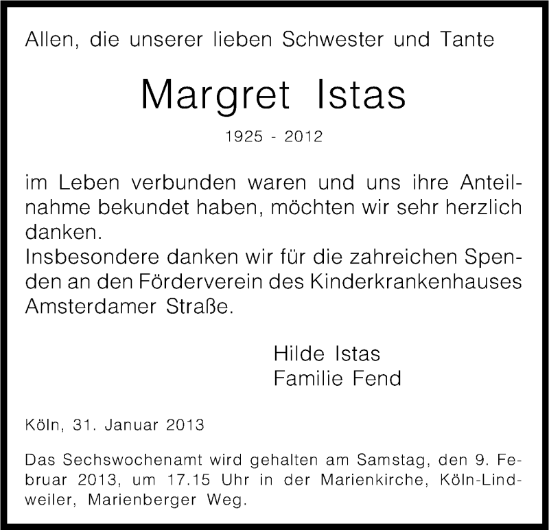  Traueranzeige für Margret Istas vom 02.02.2013 aus Kölner Stadt-Anzeiger / Kölnische Rundschau / Express