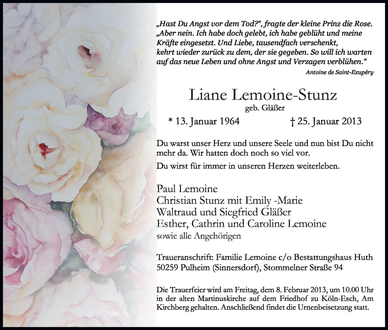  Traueranzeige für Liane Lemoine-Stunz vom 02.02.2013 aus Kölner Stadt-Anzeiger / Kölnische Rundschau / Express