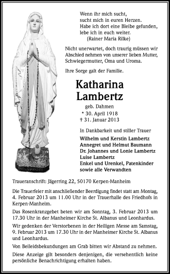 Anzeige von Katharina Lambertz von Kölner Stadt-Anzeiger / Kölnische Rundschau / Express