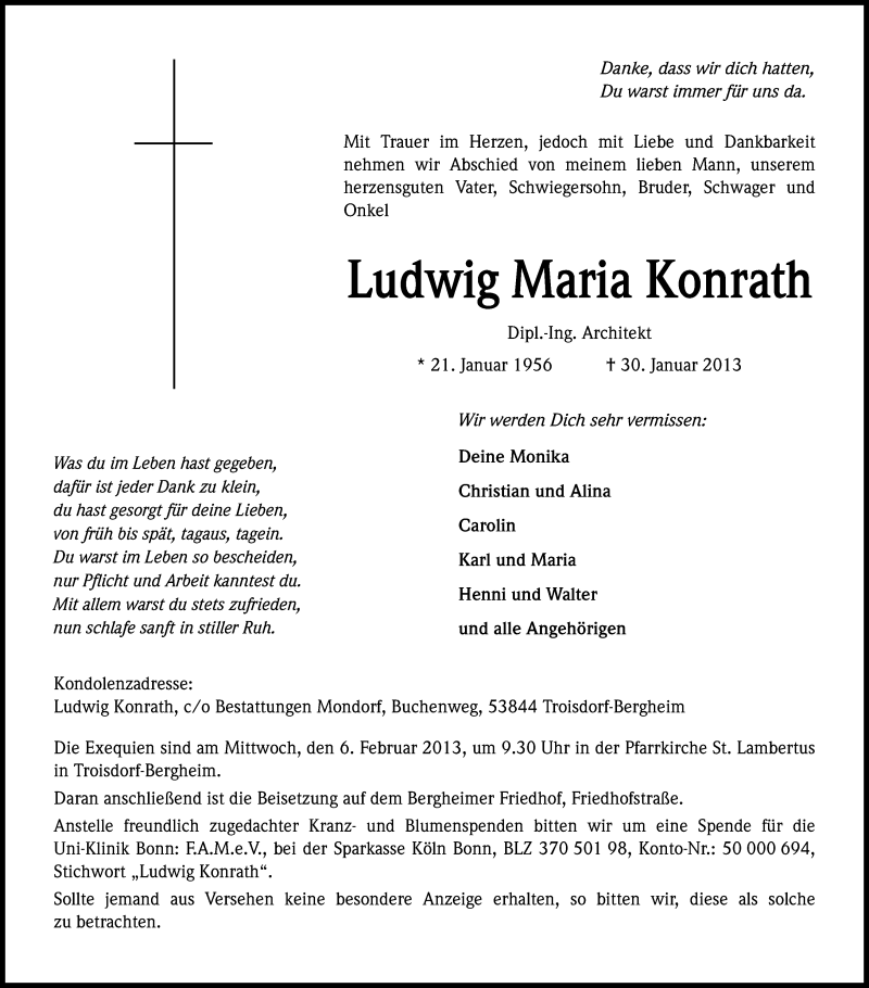  Traueranzeige für Ludwig Maria Konrath vom 02.02.2013 aus Kölner Stadt-Anzeiger / Kölnische Rundschau / Express