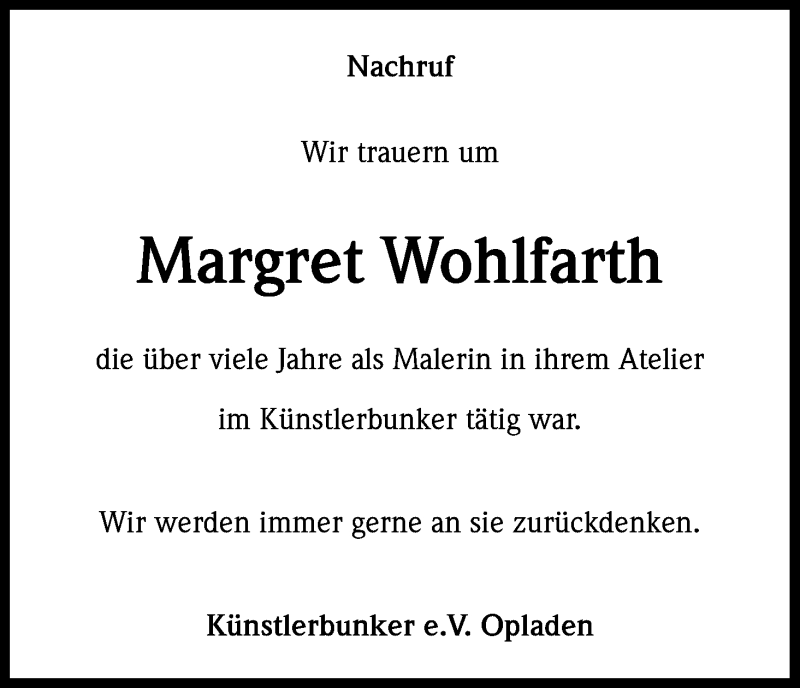  Traueranzeige für Margret Wohlfarth vom 02.02.2013 aus Kölner Stadt-Anzeiger / Kölnische Rundschau / Express