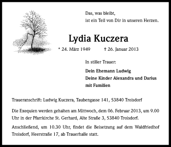 Anzeige von Lydia Kuczera von Kölner Stadt-Anzeiger / Kölnische Rundschau / Express