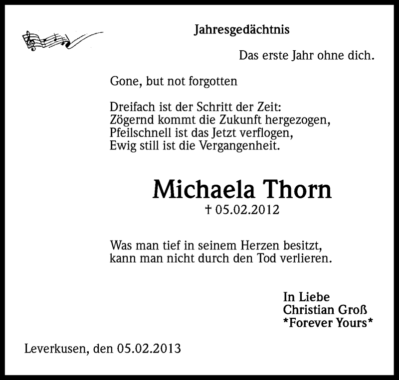  Traueranzeige für Michaela Thorn vom 05.02.2013 aus Kölner Stadt-Anzeiger / Kölnische Rundschau / Express