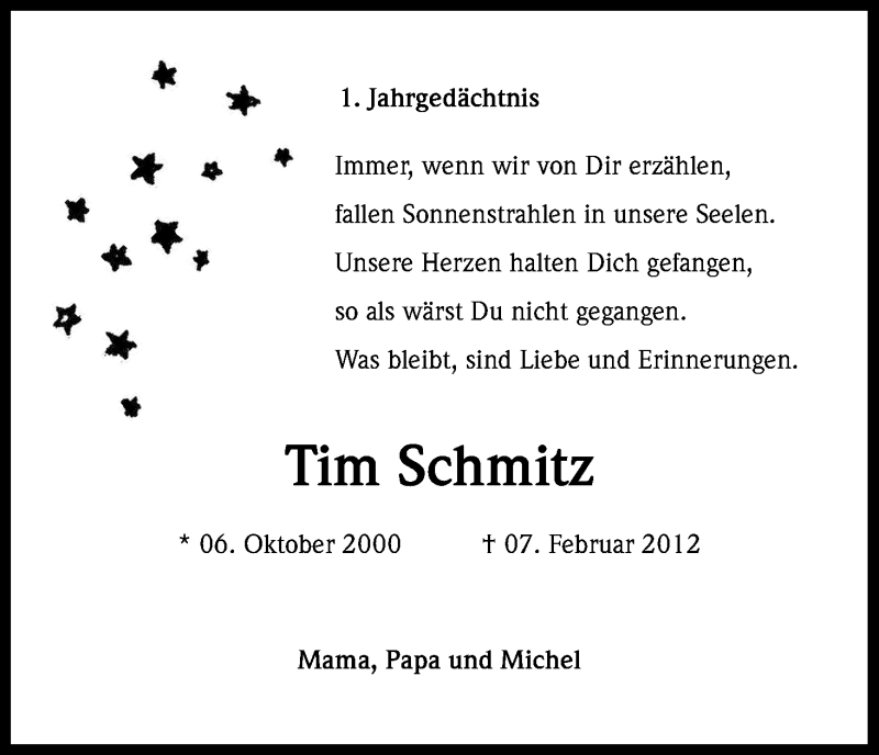  Traueranzeige für Tim Schmitz vom 07.02.2013 aus Kölner Stadt-Anzeiger / Kölnische Rundschau / Express