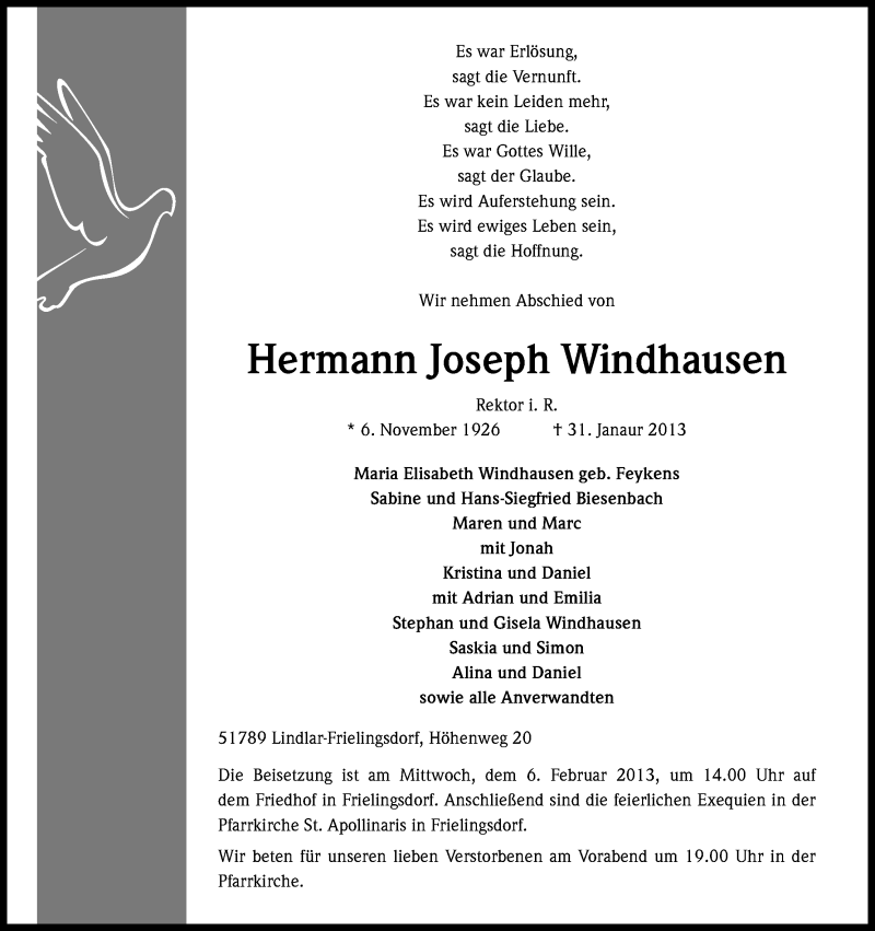  Traueranzeige für Hermann Joseph Windhausen vom 02.02.2013 aus Kölner Stadt-Anzeiger / Kölnische Rundschau / Express