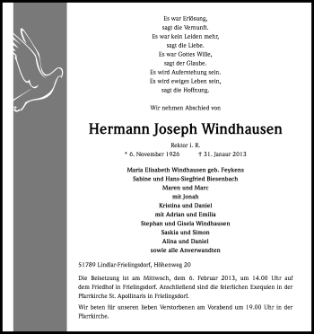 Anzeige von Hermann Joseph Windhausen von Kölner Stadt-Anzeiger / Kölnische Rundschau / Express