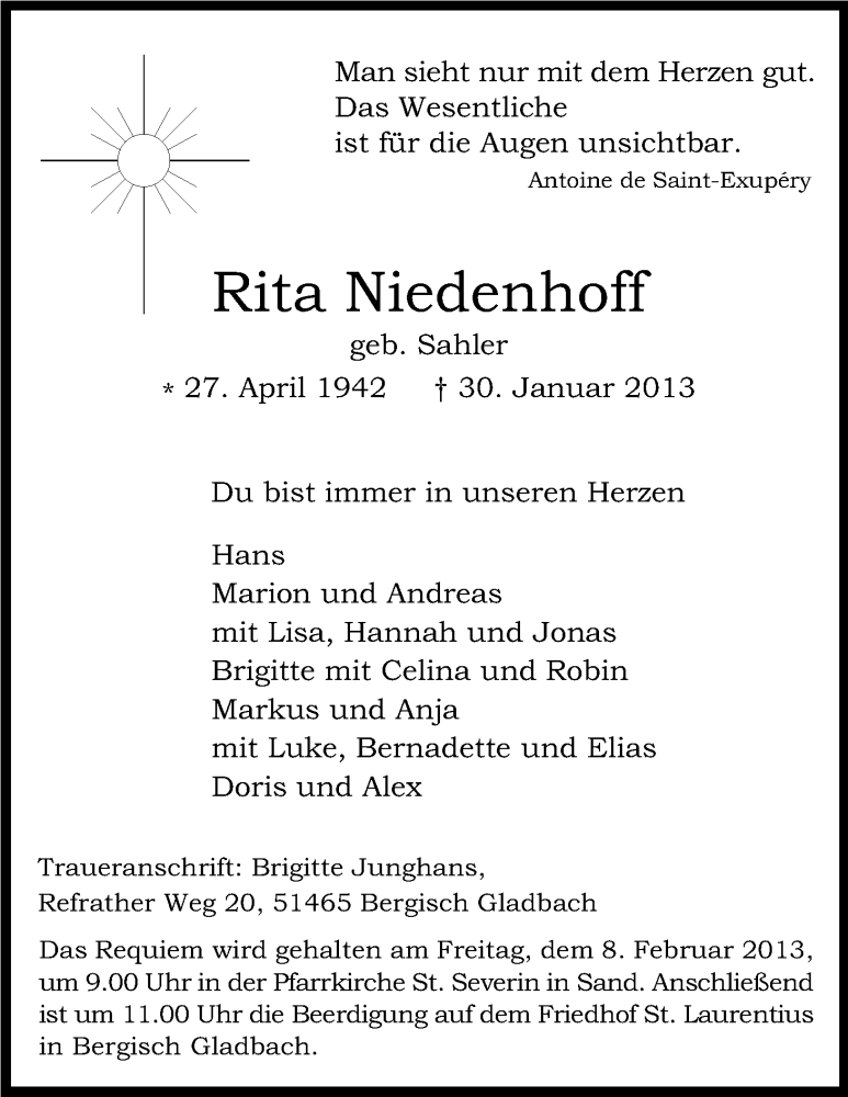  Traueranzeige für Rita Niedenhoff vom 02.02.2013 aus Kölner Stadt-Anzeiger / Kölnische Rundschau / Express
