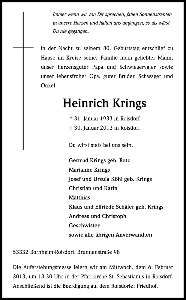  Traueranzeige für Heinrich Krings vom 02.02.2013 aus Kölner Stadt-Anzeiger / Kölnische Rundschau / Express