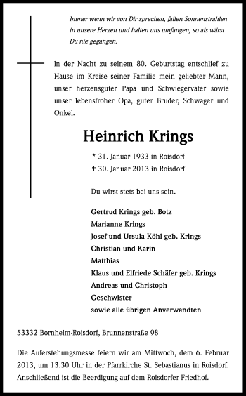 Anzeige von Heinrich Krings von Kölner Stadt-Anzeiger / Kölnische Rundschau / Express