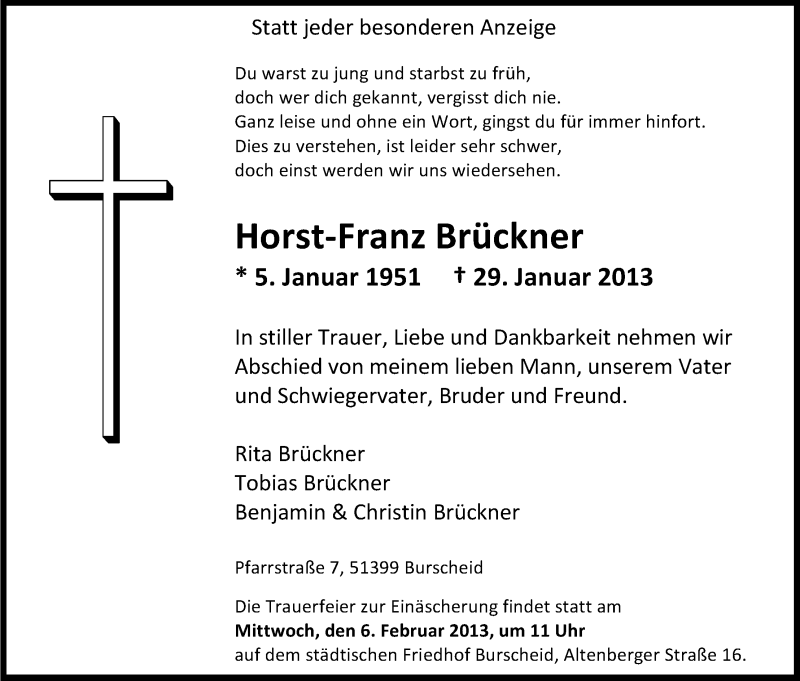  Traueranzeige für Horst-Franz Brückner vom 02.02.2013 aus Kölner Stadt-Anzeiger / Kölnische Rundschau / Express