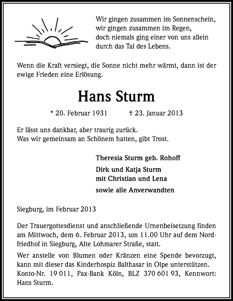  Traueranzeige für Hans Sturm vom 02.02.2013 aus Kölner Stadt-Anzeiger / Kölnische Rundschau / Express