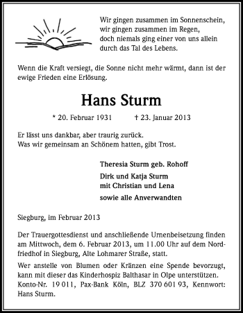 Anzeige von Hans Sturm von Kölner Stadt-Anzeiger / Kölnische Rundschau / Express