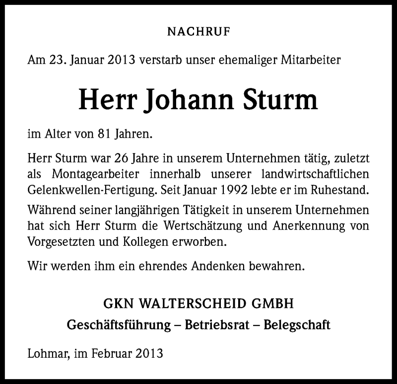  Traueranzeige für Johannes Sturm vom 02.02.2013 aus Kölner Stadt-Anzeiger / Kölnische Rundschau / Express
