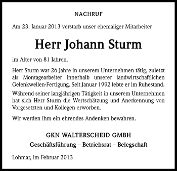 Anzeige von Johannes Sturm von Kölner Stadt-Anzeiger / Kölnische Rundschau / Express
