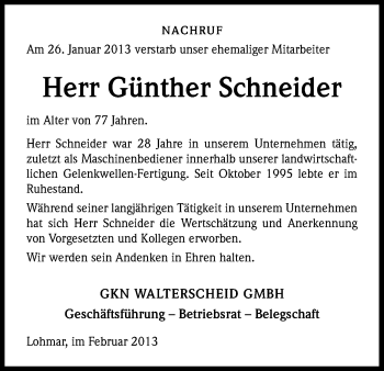 Anzeige von Günther Schneider von Kölner Stadt-Anzeiger / Kölnische Rundschau / Express