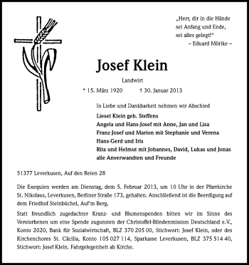 Anzeige von Josef Klein von Kölner Stadt-Anzeiger / Kölnische Rundschau / Express