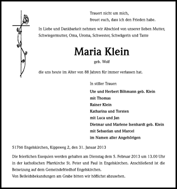 Anzeige von Maria Klein von Kölner Stadt-Anzeiger / Kölnische Rundschau / Express