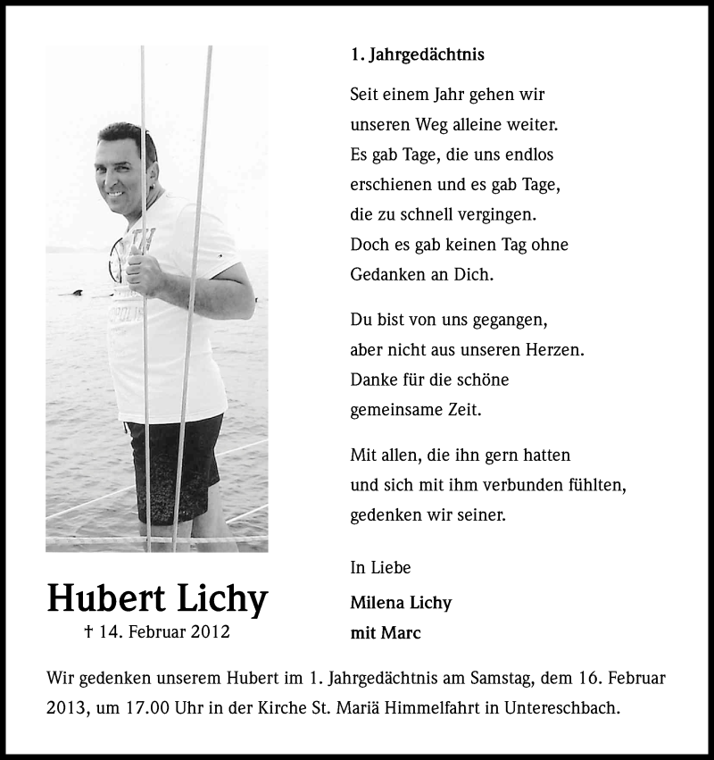  Traueranzeige für Hubert Lichy vom 09.02.2013 aus Kölner Stadt-Anzeiger / Kölnische Rundschau / Express