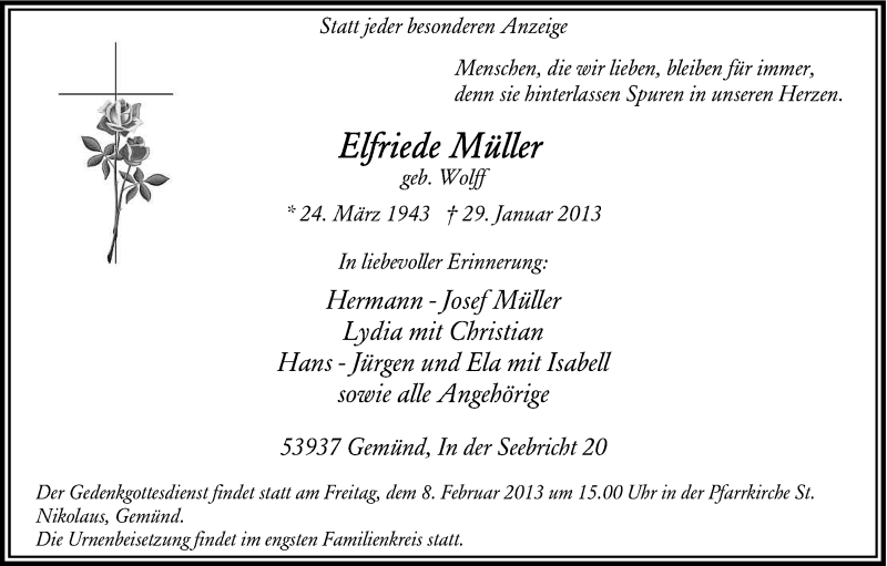  Traueranzeige für Elfriede Müller vom 02.02.2013 aus Kölner Stadt-Anzeiger / Kölnische Rundschau / Express