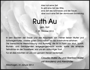 Anzeige von Ruth Au von Kölner Stadt-Anzeiger / Kölnische Rundschau / Express