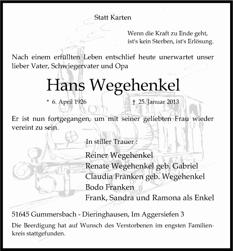  Traueranzeige für Hans Weghenkel vom 02.02.2013 aus Kölner Stadt-Anzeiger / Kölnische Rundschau / Express