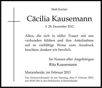 Anzeige von Cäcilie Kausemann von Kölner Stadt-Anzeiger / Kölnische Rundschau / Express