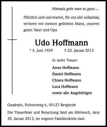 Anzeige von Udo Hoffmann von Kölner Stadt-Anzeiger / Kölnische Rundschau / Express