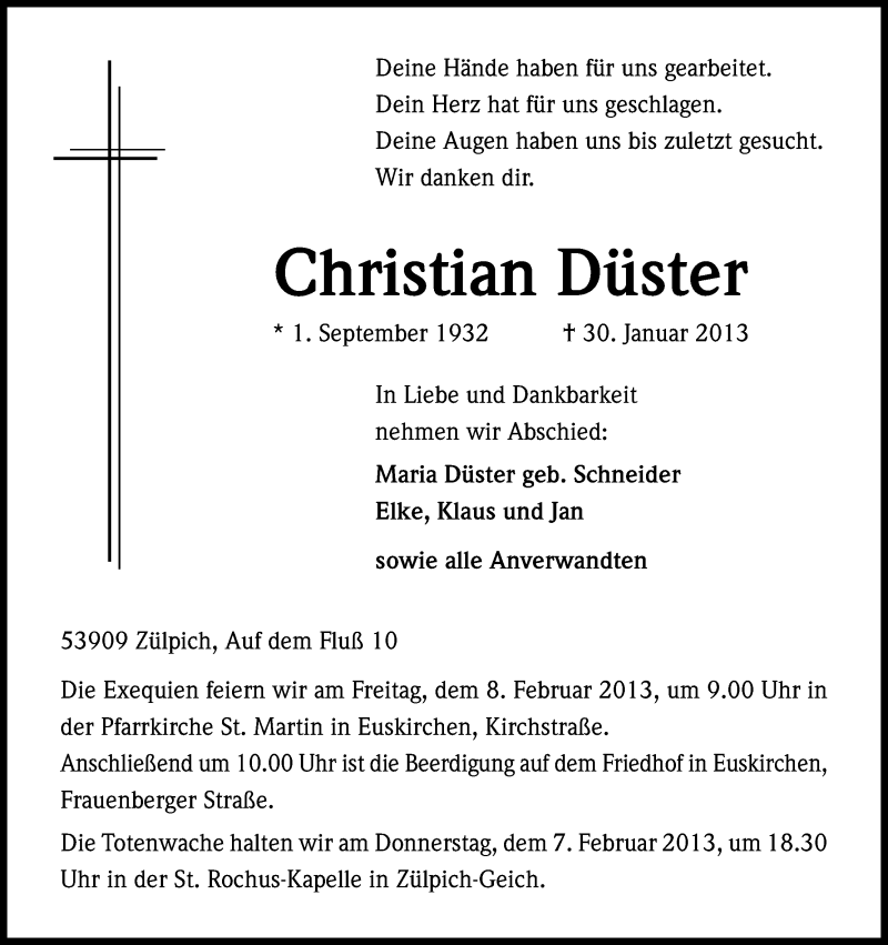  Traueranzeige für Christian Düster vom 04.02.2013 aus Kölner Stadt-Anzeiger / Kölnische Rundschau / Express