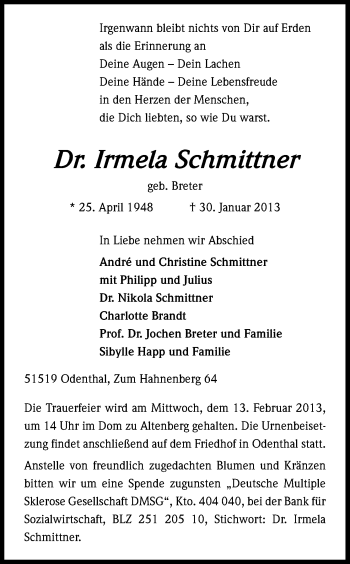 Anzeige von Irmela Schmittner von Kölner Stadt-Anzeiger / Kölnische Rundschau / Express