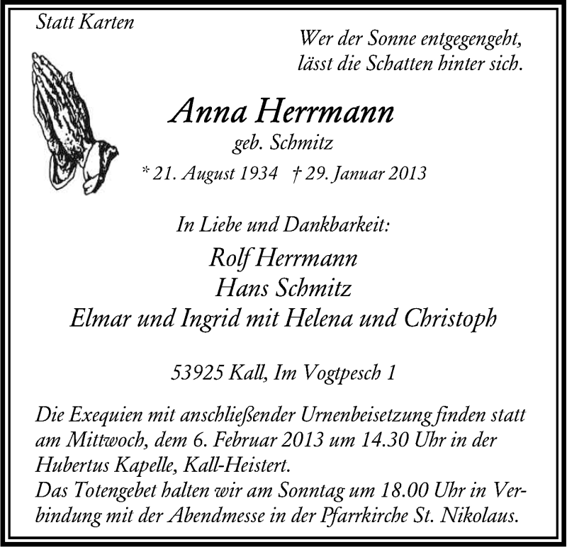  Traueranzeige für Anna Herrmann vom 02.02.2013 aus Kölner Stadt-Anzeiger / Kölnische Rundschau / Express