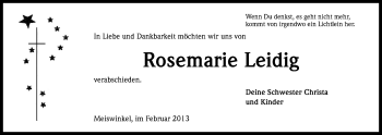 Anzeige von Rosemarie Leidig von Kölner Stadt-Anzeiger / Kölnische Rundschau / Express