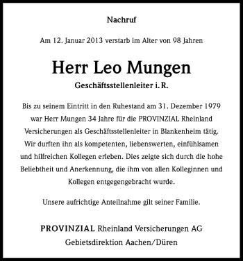 Anzeige von Leo Mungen von Kölner Stadt-Anzeiger / Kölnische Rundschau / Express