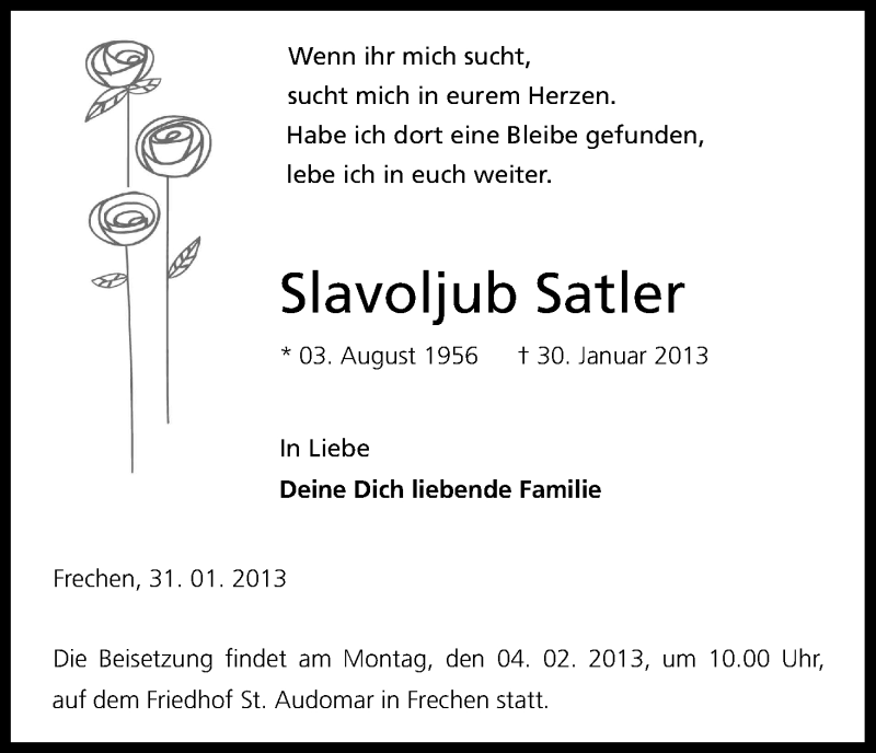  Traueranzeige für Slavoljub Satler vom 04.02.2013 aus Kölner Stadt-Anzeiger / Kölnische Rundschau / Express