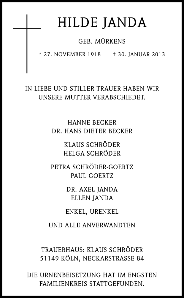  Traueranzeige für Hilde Janda vom 23.02.2013 aus Kölner Stadt-Anzeiger / Kölnische Rundschau / Express