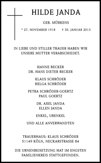 Anzeige von Hilde Janda von Kölner Stadt-Anzeiger / Kölnische Rundschau / Express