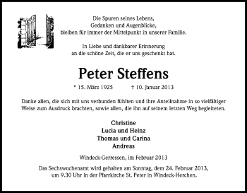 Anzeige von Peter Steffens von Kölner Stadt-Anzeiger / Kölnische Rundschau / Express
