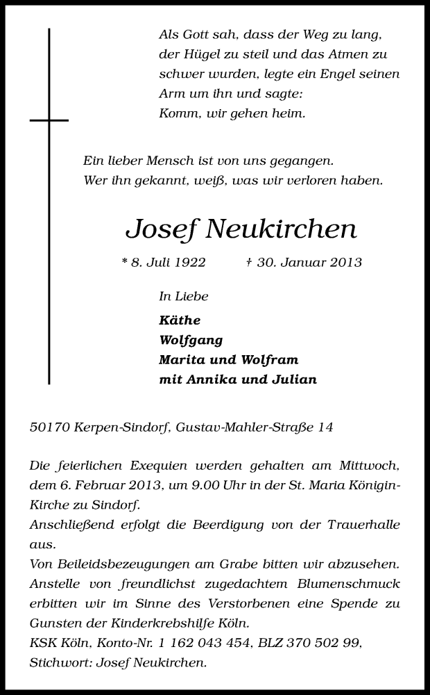  Traueranzeige für Josef Neukirchen vom 04.02.2013 aus Kölner Stadt-Anzeiger / Kölnische Rundschau / Express